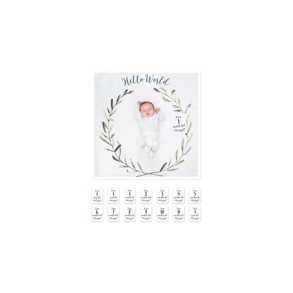 Kit Primo Anno Hello World - Copertina Swaddle in Mussola di Cotone + 14 Cards - Per i bebè più social!